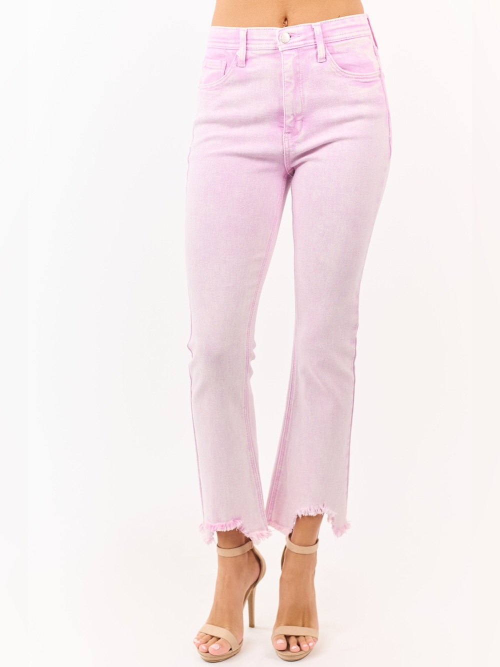 High-Rise Pastel Pink Cropped Jeans with Frayed Hem